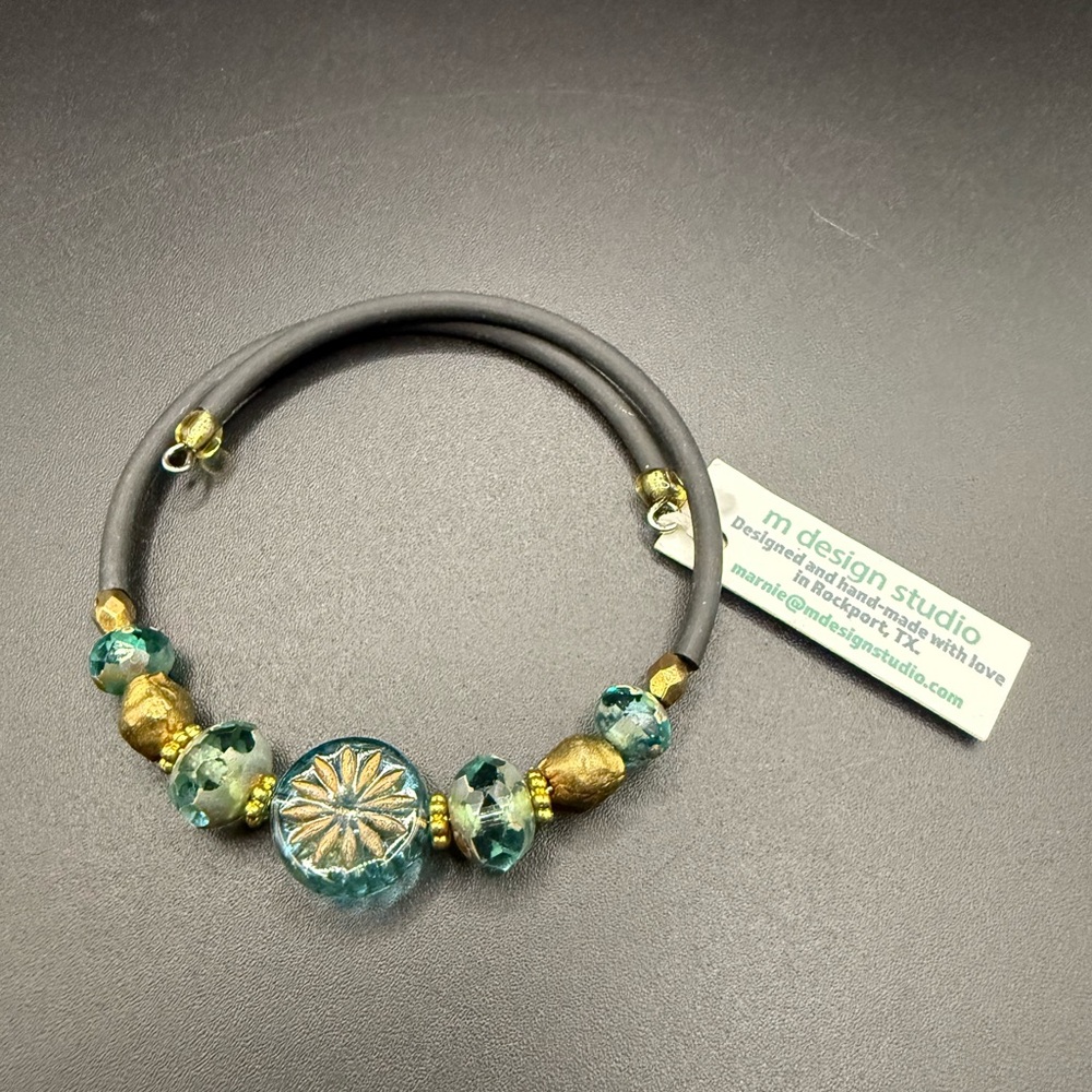 M Design Studio Aqua Czech Glass Bracelet Wrap Style Hand Made